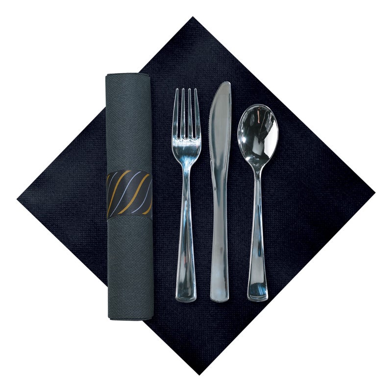 Hoffmaster 119987 FashnPoint CaterWrap Pre-rolled Dinner Napkin and Heavyweight Cutlery, Gold/Silver Stripe, Black/Metallic (Case of 100) - Image 1